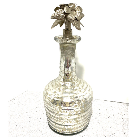 Vintage Mercury Glass Beehive Bottle with Ornate Floral Silvertone Metal Stopper - Picture 4 of 10